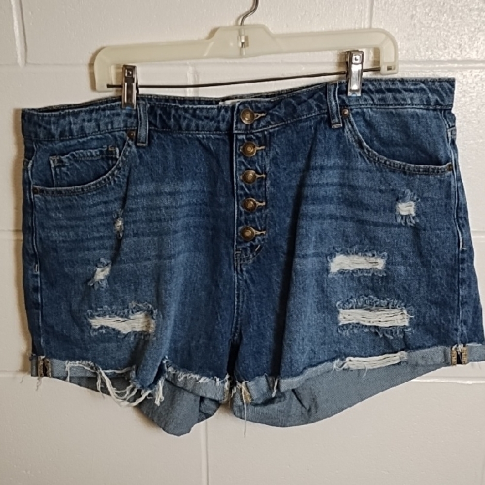 Button Front 100% Cotton Denim Jean Shorts Distressed Cut-Off Style